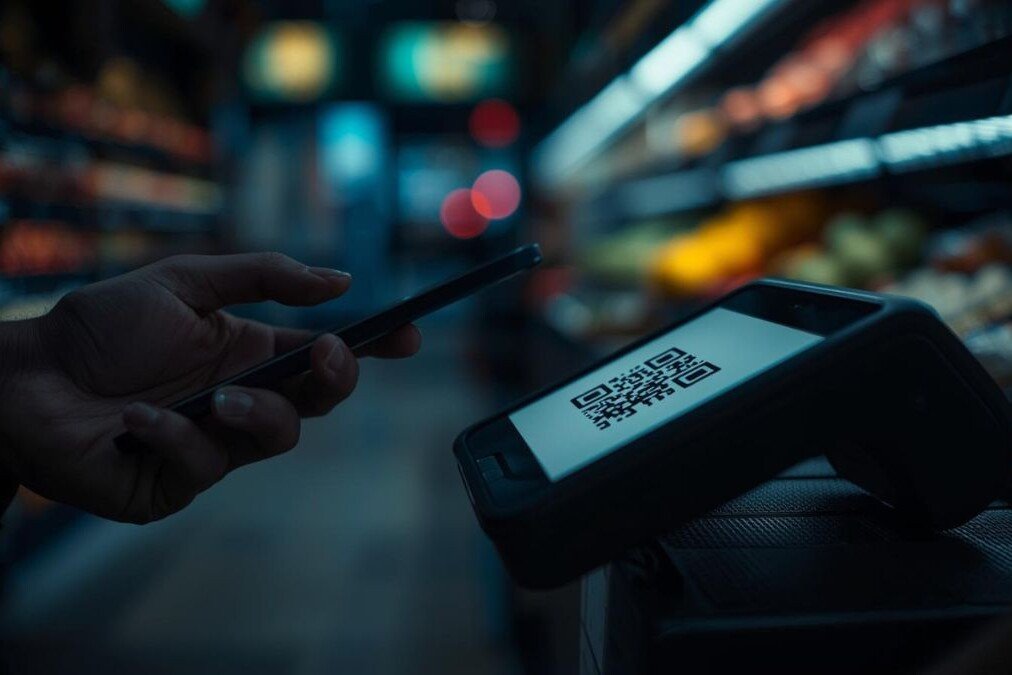 A close-up, cinematic shot of an iPhone held by a hand, scanning a QR code displayed on a sleek, portable POS terminal.